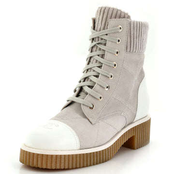 Chanel Women's CC Cap Toe Combat Boots Quilted Suede with Leather