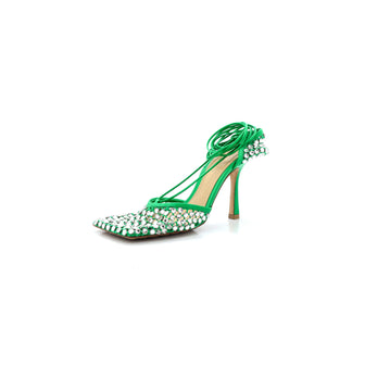 Bottega Veneta Women's Sparkle Stretch Heeled Sandals Crystal Embellished Mesh and Leather