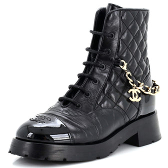Chanel Women's Charm Chain CC Cap Toe Combat Boots Quilted Leather