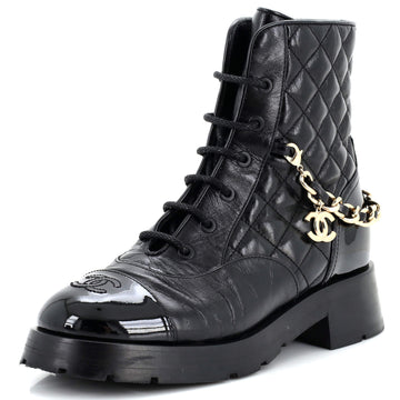 Chanel Women's Charm Chain CC Cap Toe Combat Boots Quilted Leather