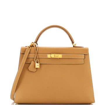 Hermes Kelly Handbag Brown Courchevel with Gold Hardware 32