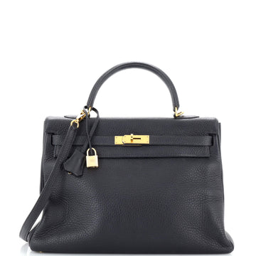 Hermes Kelly Handbag Blue Clemence with Gold Hardware 32