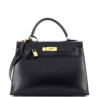Hermes Kelly Handbag Black Box Calf with Gold Hardware 32