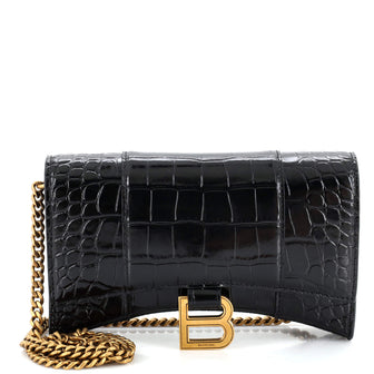 Balenciaga Hourglass Chain Wallet Crocodile Embossed Leather