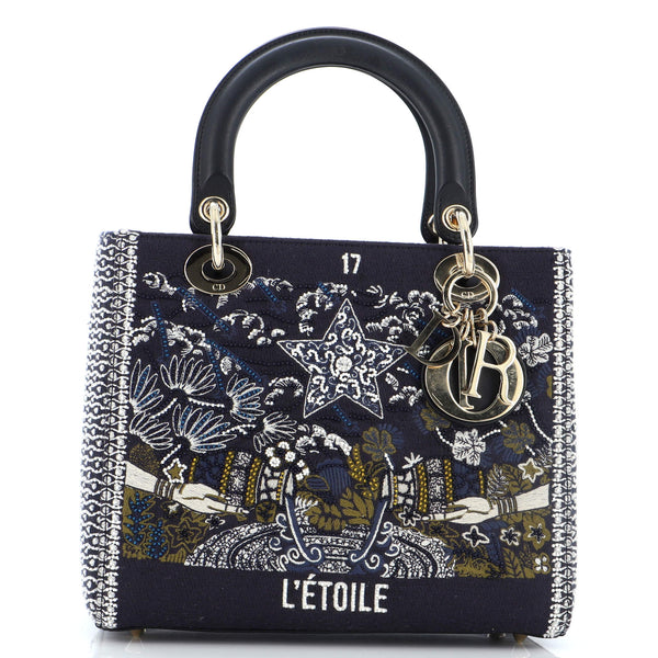 Christian Dior Tarot Lady Dior Bag Embellished Canvas Medium Black