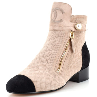 Chanel Women's Pearl Detail CC Cap Toe Short Ankle Boots Quilted Suede