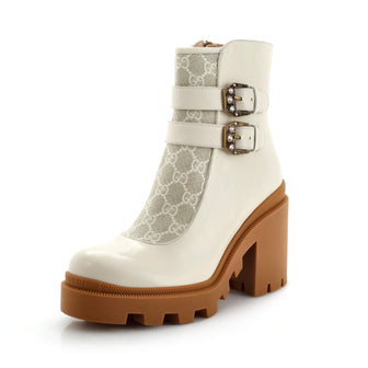 Gucci Women's Double Buckle Lug Sole Ankle Boots Leather with GG Coated Canvas