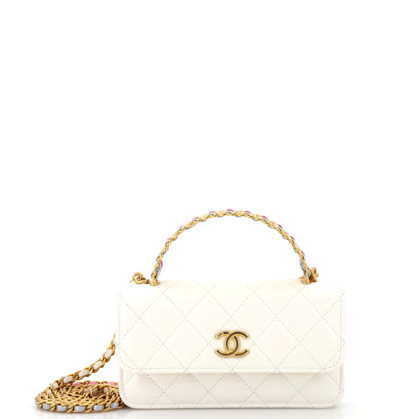 chanel mini phone holder backpack Chanel Top Handle Phone Holder with Chain Quilted Calfskin White 2656179