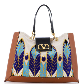 Valentino Garavani VLogo City Safari Tote Velvet Embroidered Canvas with Leather Large