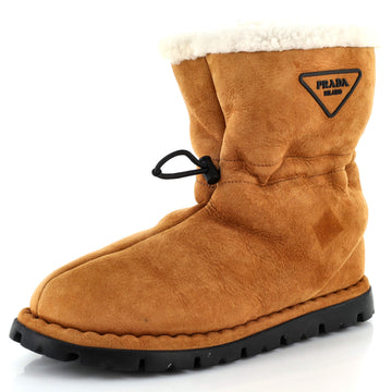 Prada Women's Triangle Logo Drawcord Ankle Boots Suede with Shearling
