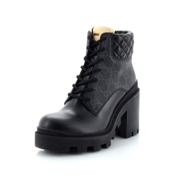 Gucci Women's Lace Up Heeled Ankle Boots GG Coated Canvas with Quilted Leather