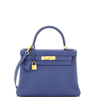Hermes Kelly Handbag Blue Clemence with Gold Hardware 28