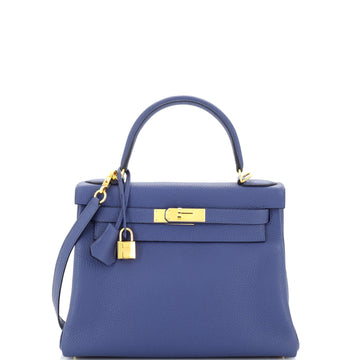 Hermes Kelly Handbag Blue Clemence with Gold Hardware 28