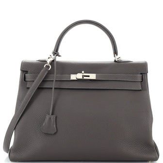 Hermes Kelly Handbag Grey Clemence with Palladium Hardware 35