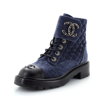 Chanel Women's Chain CC Cap Toe Lace Up Combat Boots Quilted Velvet and Leather