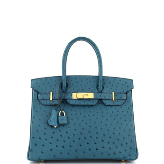 Hermes Birkin Handbag Blue Ostrich with Gold Hardware 30