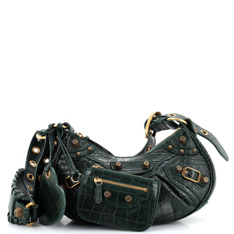 Balenciaga Le Cagole Giant Studs Shoulder Bag Crocodile Embossed Leather with Crystals XS