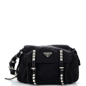 Prada New Vela Flap Messenger Bag Tessuto with Studded Leather Medium