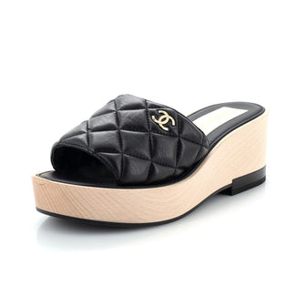 Chanel Women's Open Toe Platform Sandals Quilted Leather and Wood