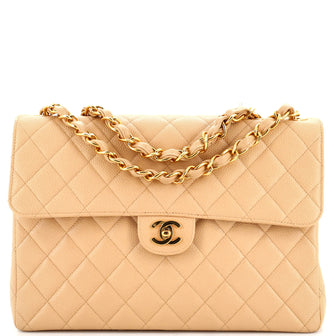 Chanel Vintage Square Classic Single Flap Bag Quilted Caviar Jumbo