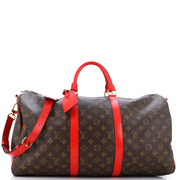 Louis Vuitton Keepall Bandouliere Bag Monogram Canvas with Coquelicot Leather Trim 50