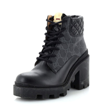 Gucci Women's Lace Up Heeled Ankle Boots GG Coated Canvas with Quilted Leather