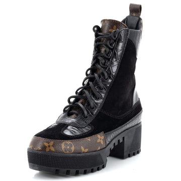 Louis Vuitton Women's Laureate Platform Desert Boots Suede with Monogram Canvas and Crocodile Embossed Patent