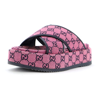 Gucci Women's Criss Cross Platform Slide Sandals GG Canvas