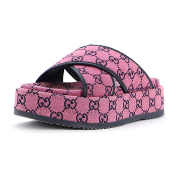 Gucci Women's Criss Cross Platform Slide Sandals GG Canvas