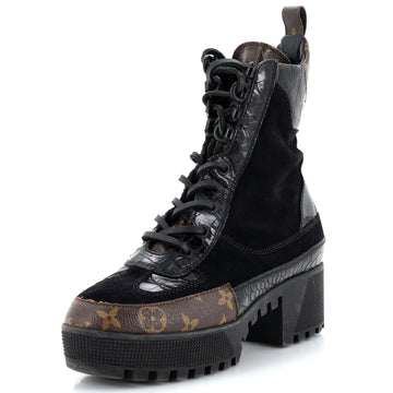 Louis Vuitton Women's Laureate Platform Desert Boots Suede with Monogram Canvas and Crocodile Embossed Patent