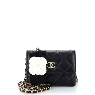 Chanel Camellia Bow Flap Card Holder with Chain Quilted Lambskin
