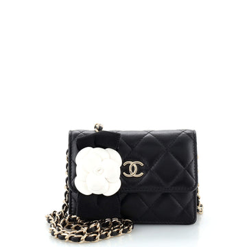 Chanel Camellia Bow Flap Card Holder with Chain Quilted Lambskin