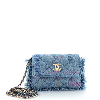 Chanel Denim Mood Flap Clutch with Chain Logo Printed Quilted Fringe Denim