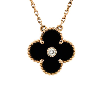 Van Cleef & Arpels Vintage Alhambra Pendant Necklace 18K Rose Gold and Onyx with Diamond