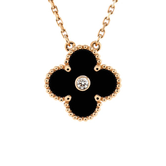 Van Cleef & Arpels Vintage Alhambra Pendant Necklace 18K Rose Gold and Onyx with Diamond