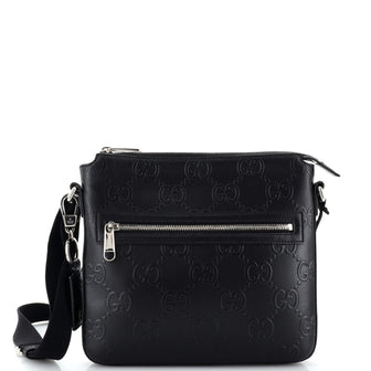Gucci Front Zip Messenger GG Embossed Perforated Leather Small