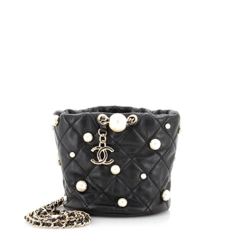 Chanel Drawstring Round Bucket Bag Pearl Embellished Quilted Lambskin Mini