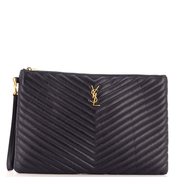 Saint Laurent Classic Monogram Wristlet Pouch Matelasse Chevron Leather Large