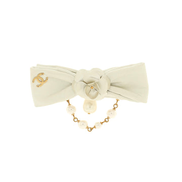 Chanel CC Camellia Bow Brooch Leather with Metal and Faux Pearls