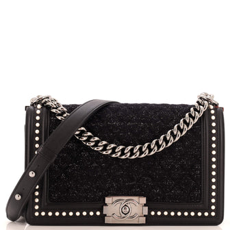 Chanel Boy Flap Bag Quilted Tweed with Pearl Embellished Calfskin Old Medium