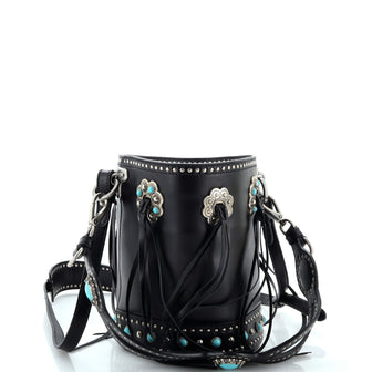 Prada Folk Bucket Bag Embellished City Calf with Fringe Medium