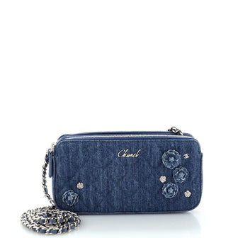 Chanel Camellia Charms Double Zip Clutch with Chain Quilted Denim