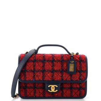 Chanel School Memory Top Handle Flap Bag Quilted Tweed Small