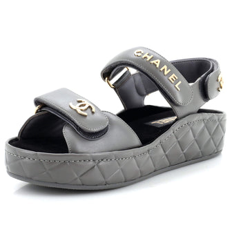 Chanel Women's Logo Velcro Strap Wedge Sandals Quilted Leather