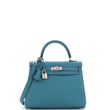 Hermes Kelly Handbag Blue Togo with Palladium Hardware 25