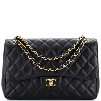 Chanel Vintage Classic Double Flap Bag Quilted Caviar Jumbo
