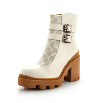 Gucci Women's Double Buckle Lug Sole Ankle Boots Leather with GG Coated Canvas