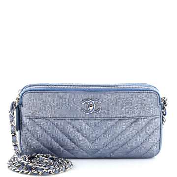 Chanel Mademoiselle Vintage Double Zip Clutch with Chain Chevron Caviar