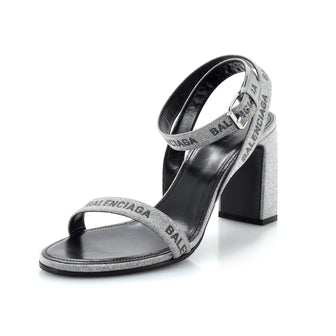Balenciaga Women's Allover Logo Ankle Strap Heeled Sandals Glitter