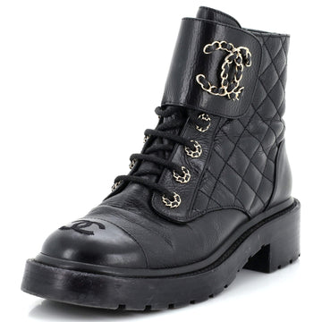 Chanel Women's Chain CC Cap Toe Lace Up Combat Boots Quilted Leather